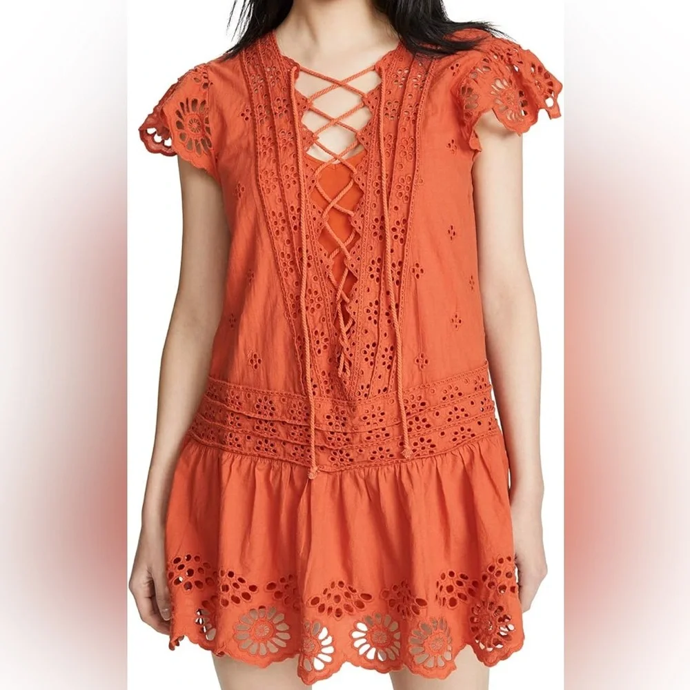 Free People Rust Orange Lace-Up Eyelet Mini Dress